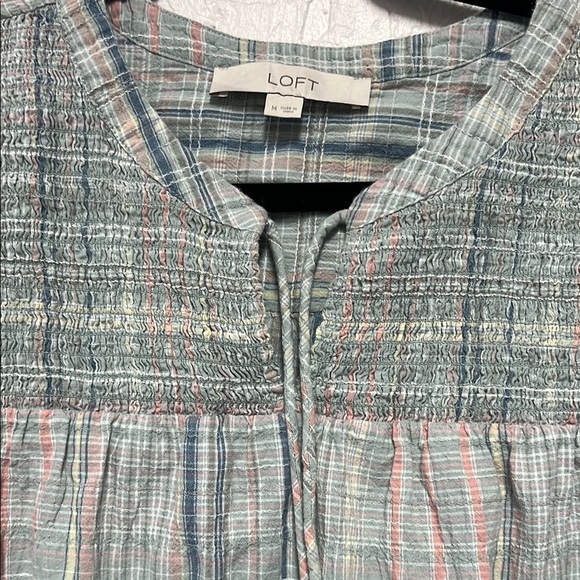 LOFT Mint Green Blue Flutter Sleeve Blouse with Ruffled Tie Smocked Front - Picture 5 of 6